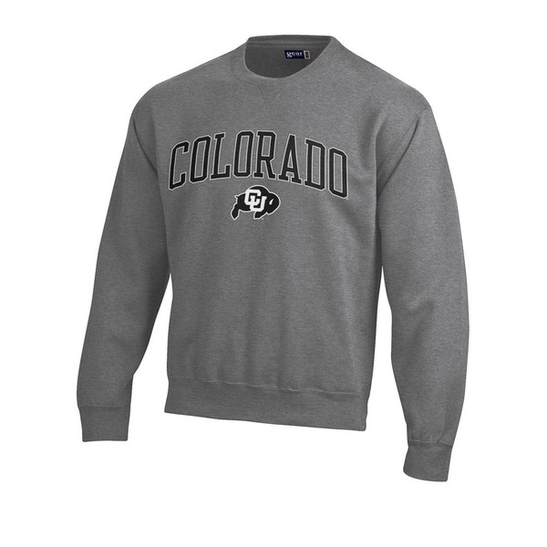 A dark gray crewneck sweatshirt with arched COLORADO lettering and a C-U Buffalo logo.